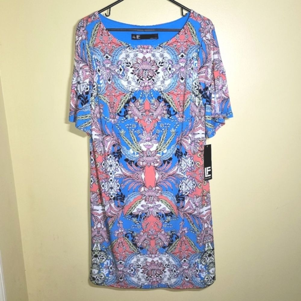 New Leslie Fay Blue Floral Split Flare Sleeve Dress 14